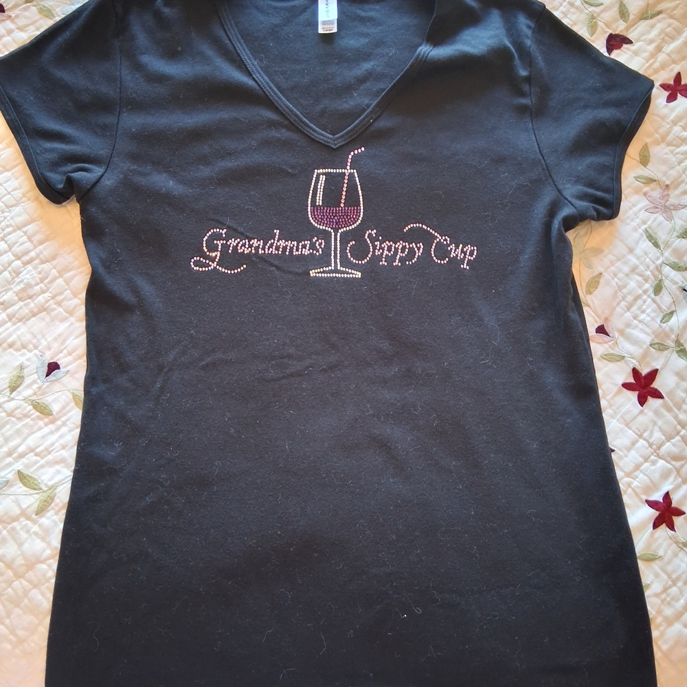 Grandma's Sippy Cup Rhinestone V-Neck Tee - Black